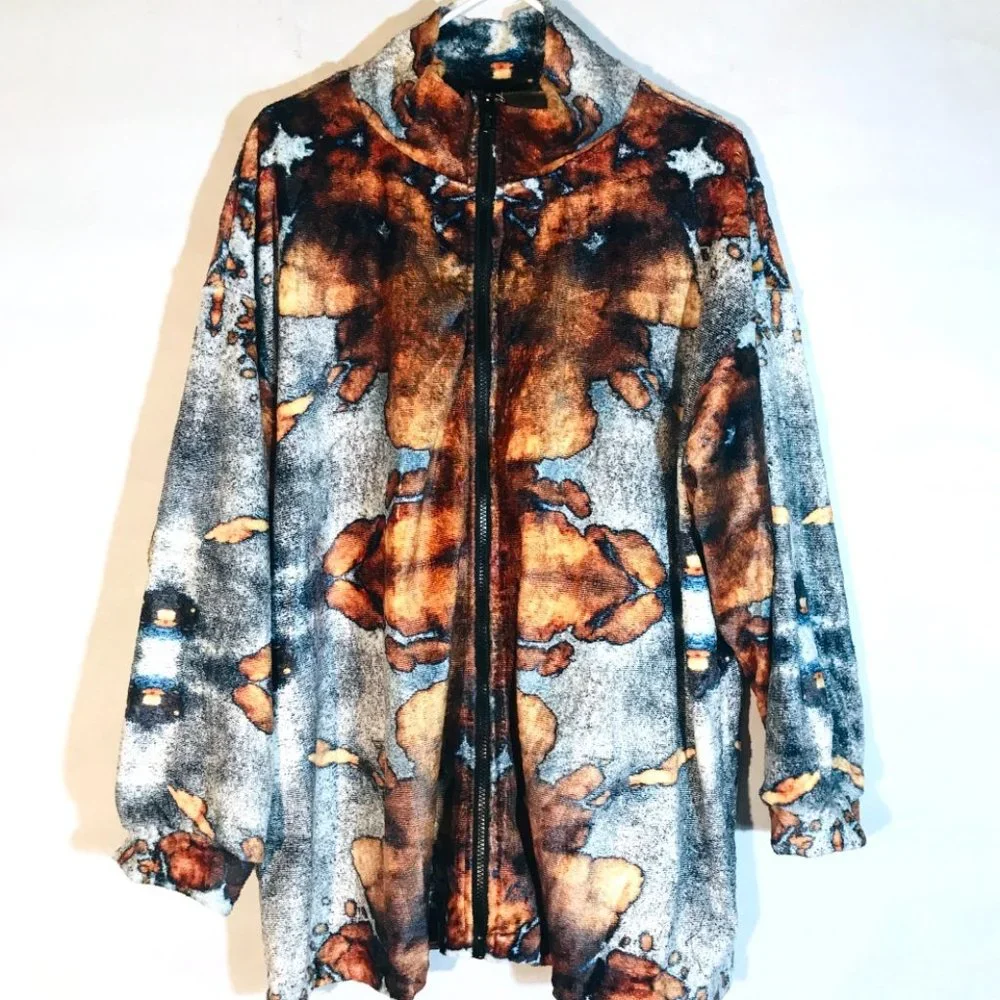 Tie Dye Silver Brown Zip Up Fleece Soft Velour Jacket Synchilla Size Extra Large - Picture 4 of 13